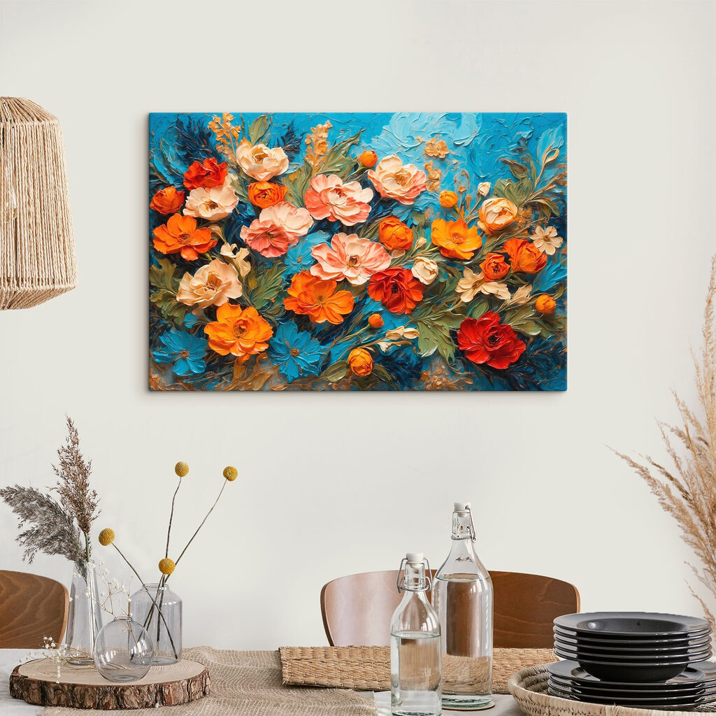Painting of flowers on a blue surface