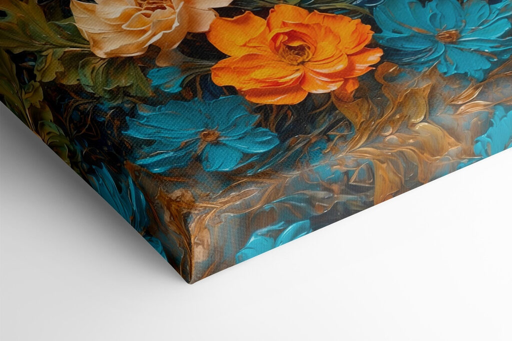 Painting of flowers on a blue surface