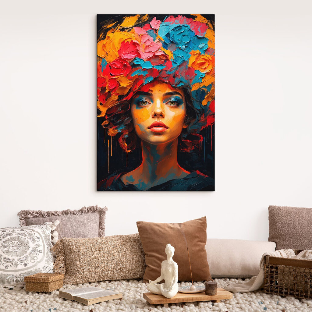 Woman with colorful flowers on her head