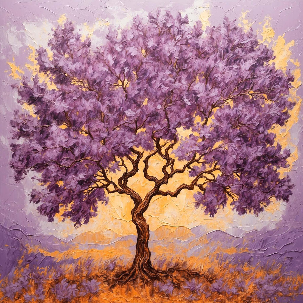 Painting of a tree with purple leaves