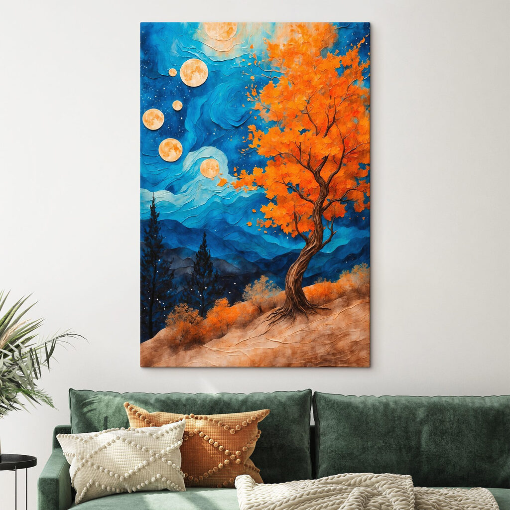 Painting of a tree with orange leaves and blue mountains Painting of a tree with orange leaves and blue mountains