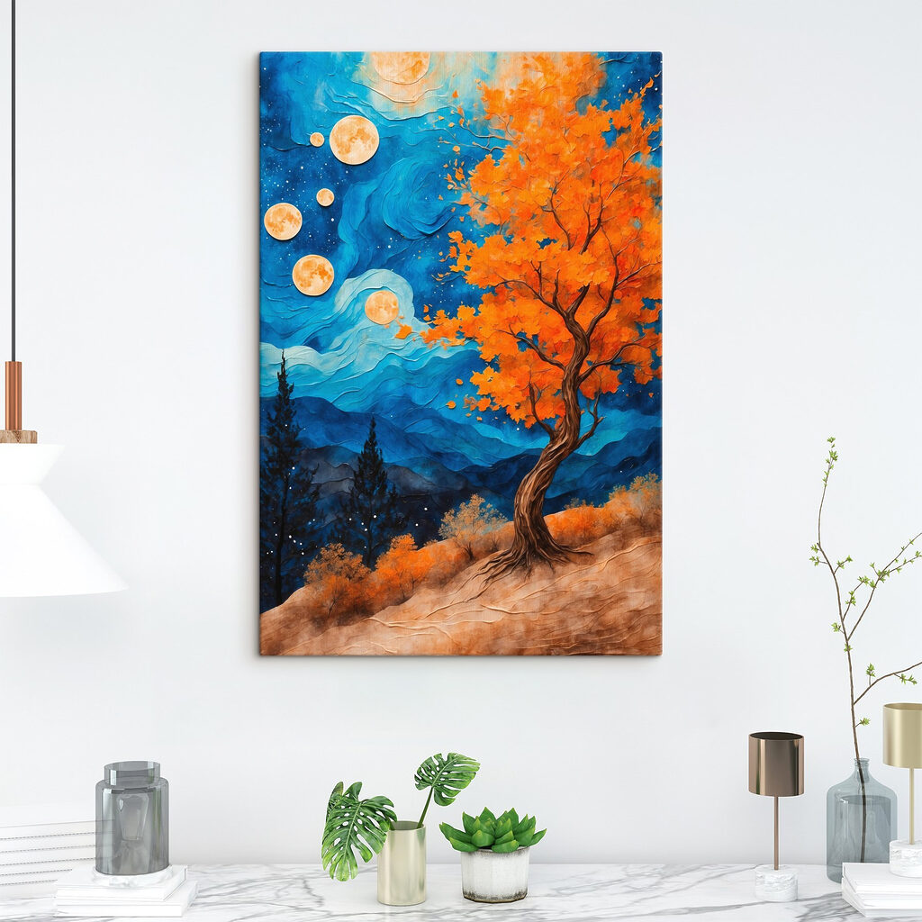 Painting of a tree with orange leaves and blue mountains Painting of a tree with orange leaves and blue mountains