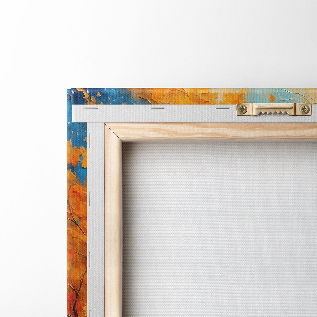 Painting of a tree with orange leaves and blue mountains Painting of a tree with orange leaves and blue mountains