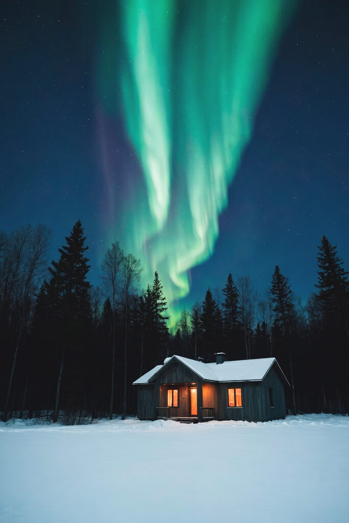 House in the snow with green lights in the sky