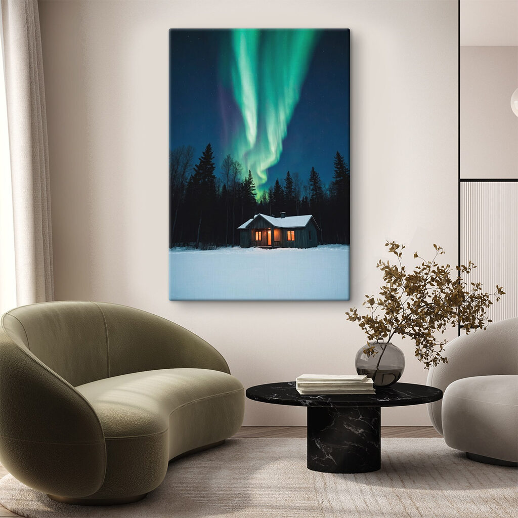 House in the snow with green lights in the sky