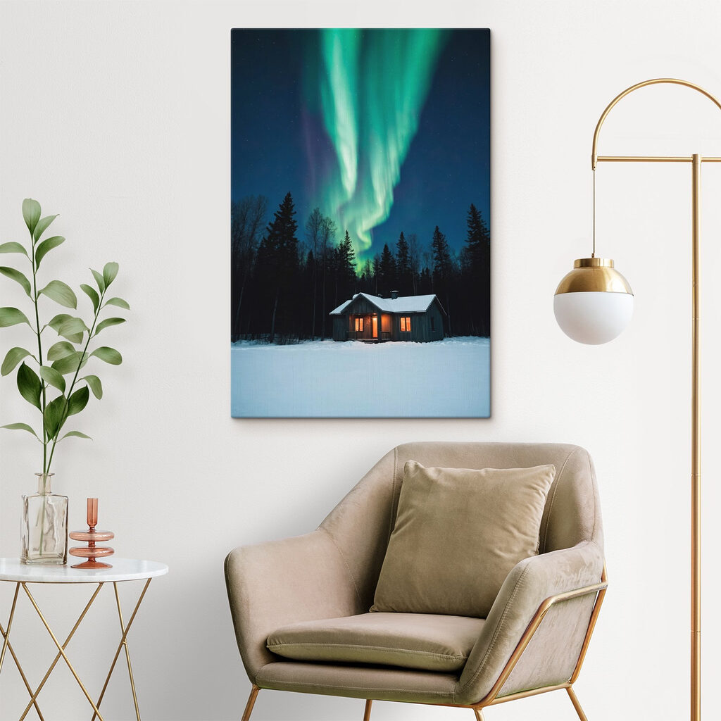 House in the snow with green lights in the sky
