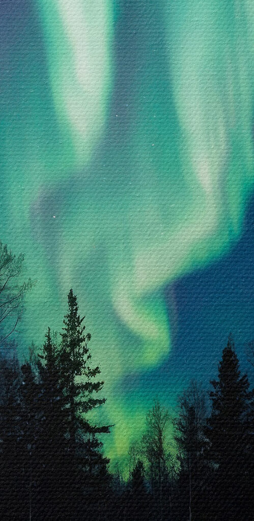 House in the snow with green lights in the sky