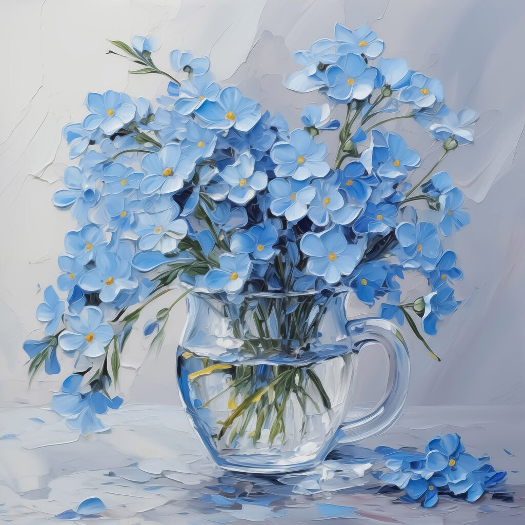Painting of blue flowers in a glass vase Painting of blue flowers in a glass vase