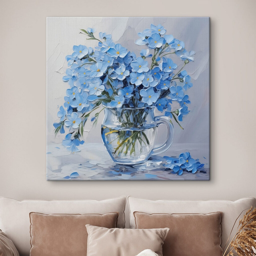 Painting of blue flowers in a glass vase Painting of blue flowers in a glass vase