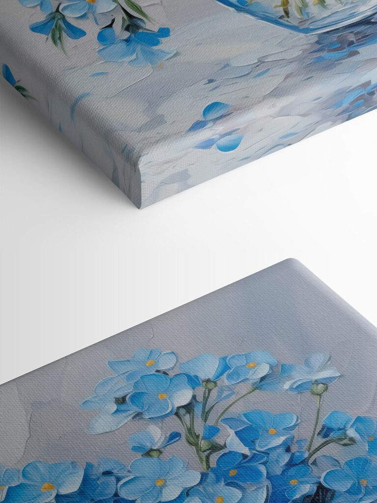 Painting of blue flowers in a glass vase Painting of blue flowers in a glass vase