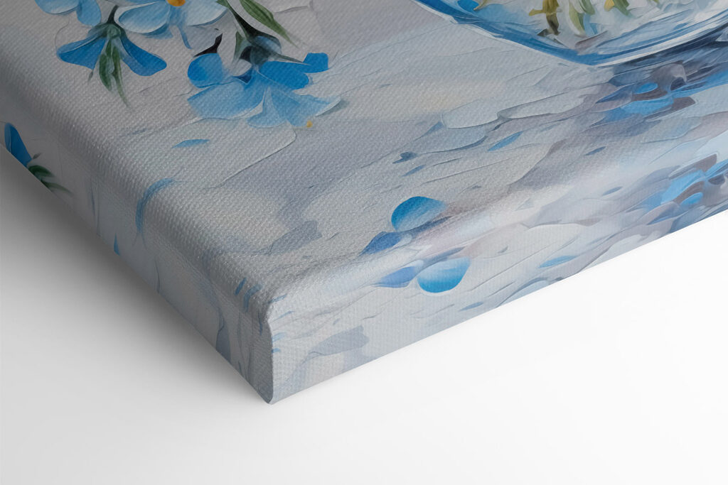 Painting of blue flowers in a glass vase Painting of blue flowers in a glass vase