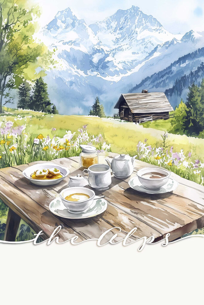 Table with food on it and a house in the background