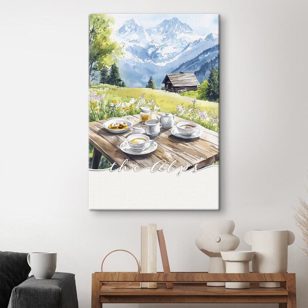 Table with food on it and a house in the background