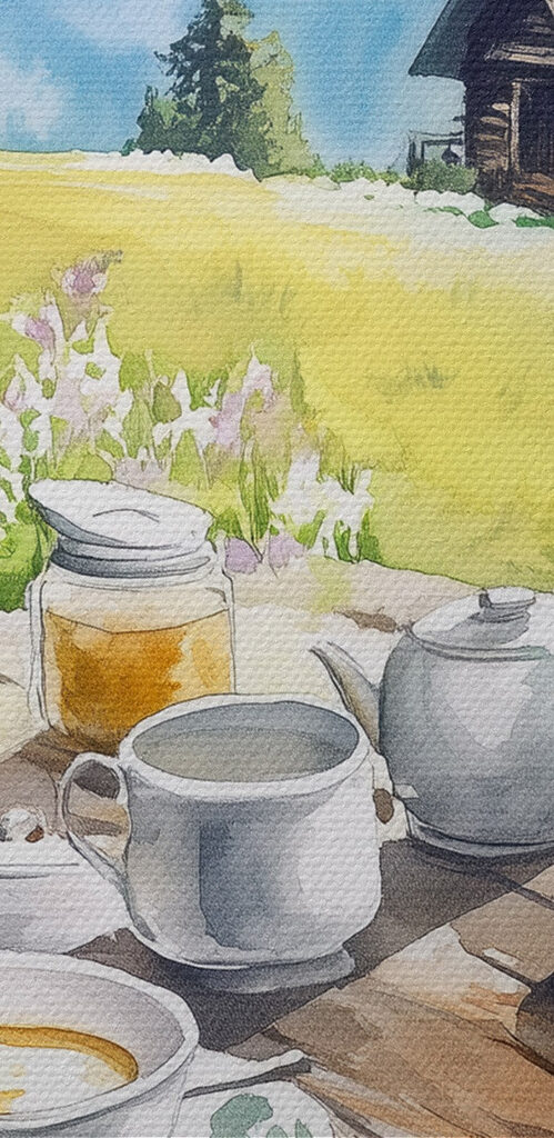 Table with food on it and a house in the background