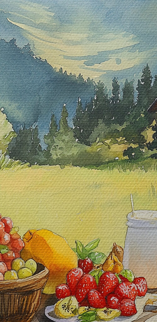 Table with food and drinks on it in front of a house Table with food and drinks on it in front of a house