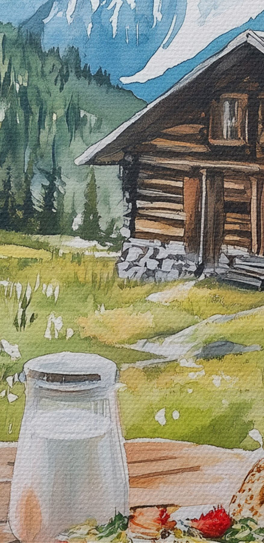 Stôl s jedlom a nápojmi pred horou