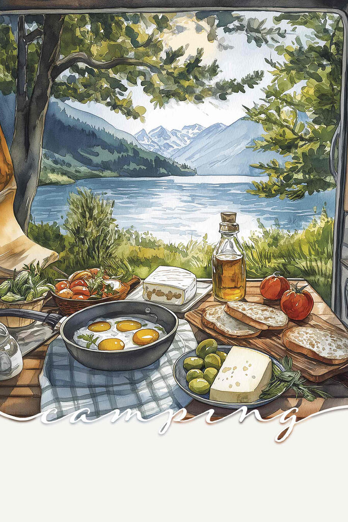 Table with food on it by a lake Table with food on it by a lake