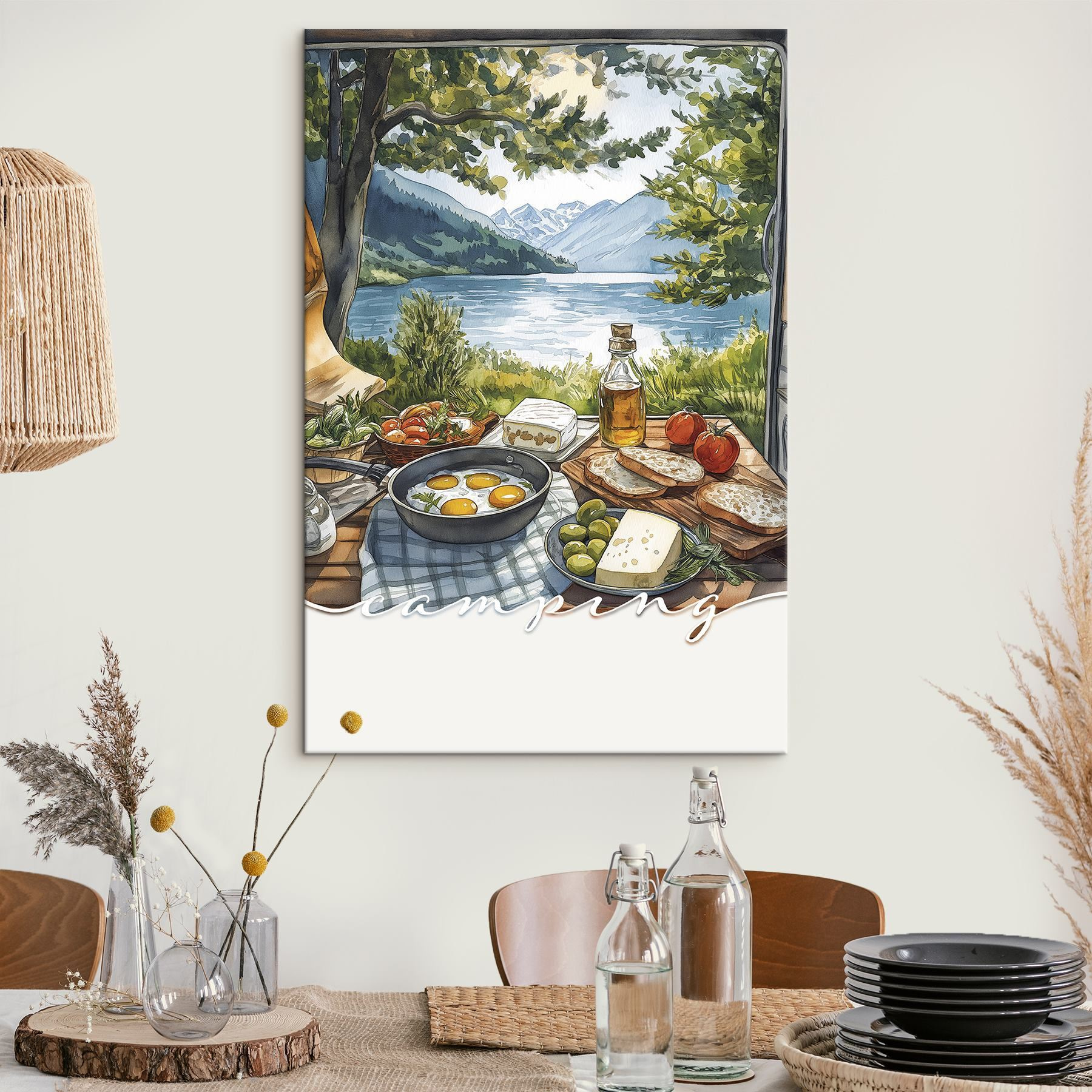 Table with food on it by a lake Table with food on it by a lake