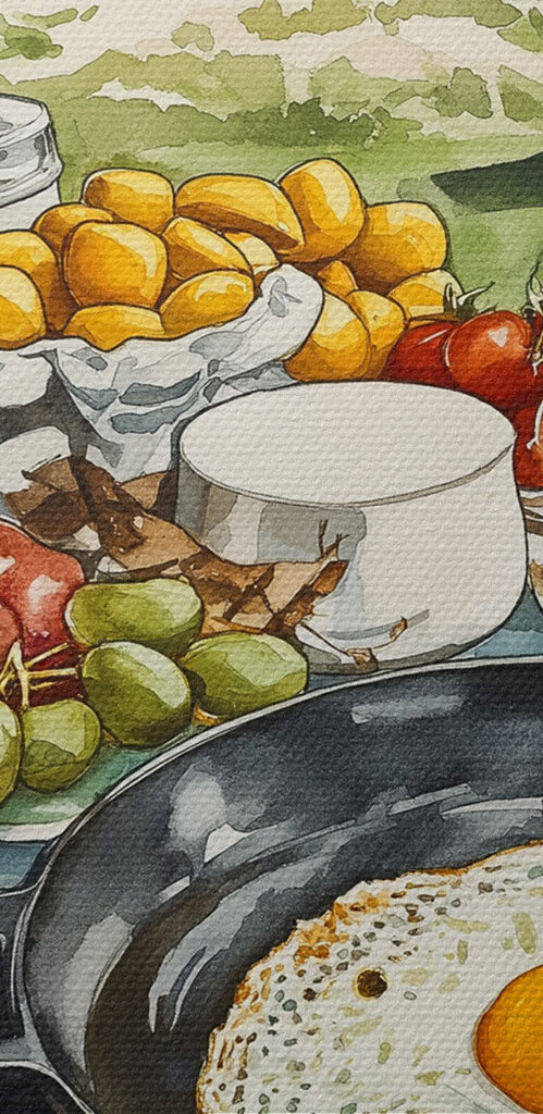 Table with food and a pan on it Table with food and a pan on it