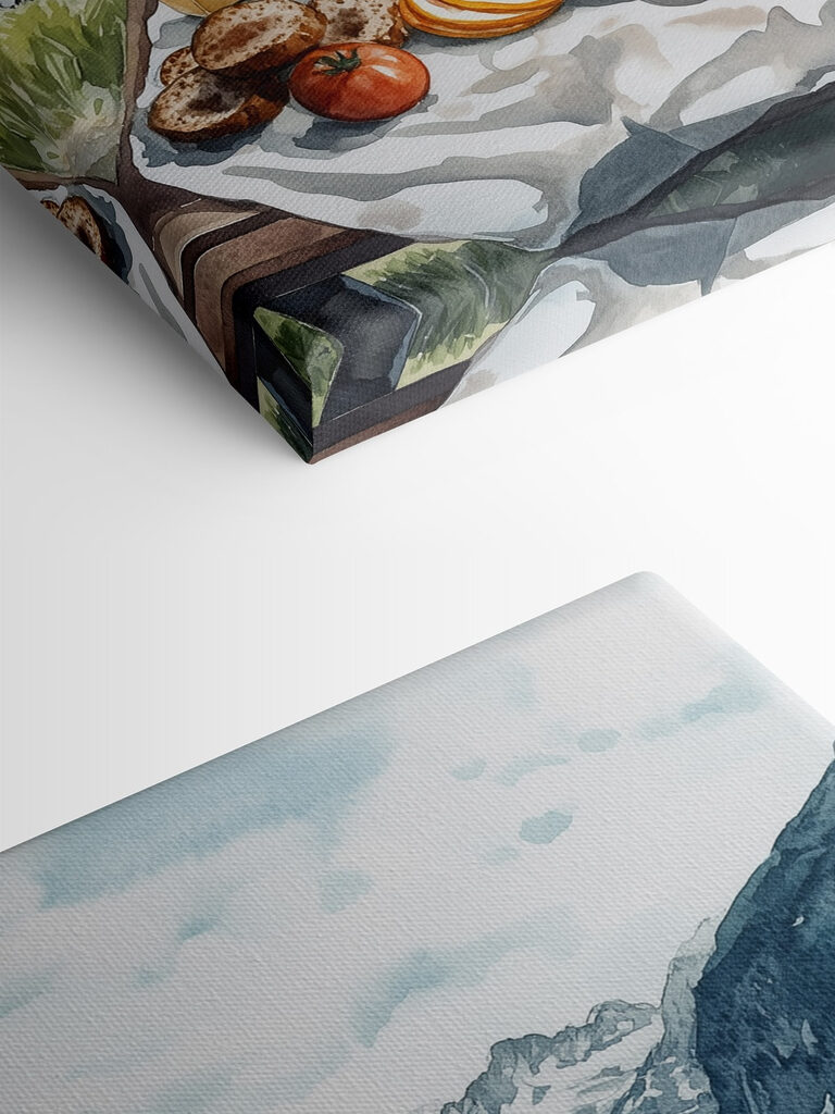 Food on a table next to a lake