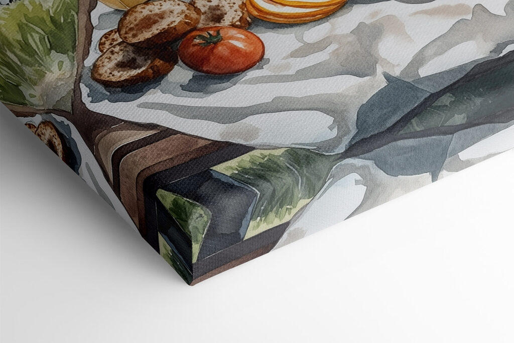 Food on a table next to a lake