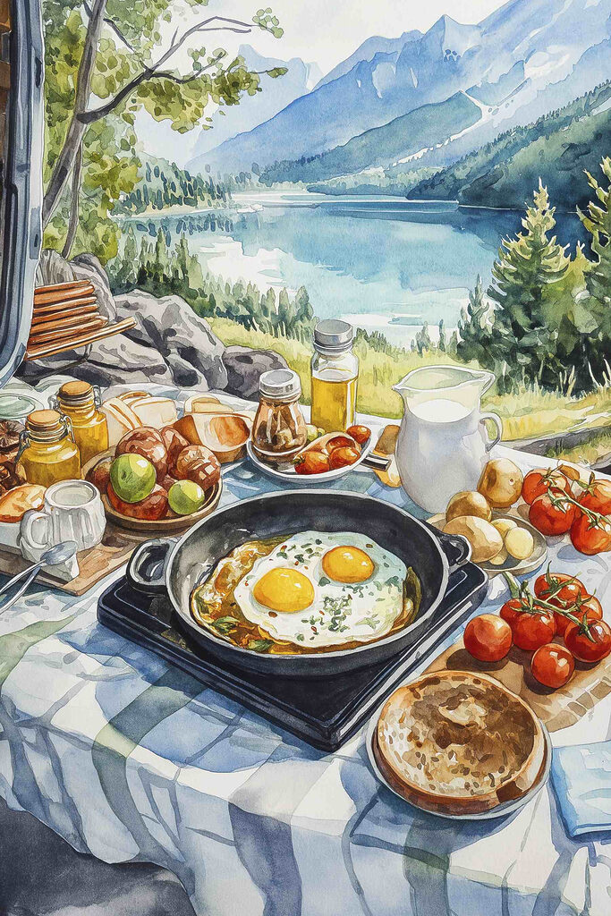 Pan of food and a pan of eggs on a table with a lake in the background Pan of food and a pan of eggs on a table with a lake in the background