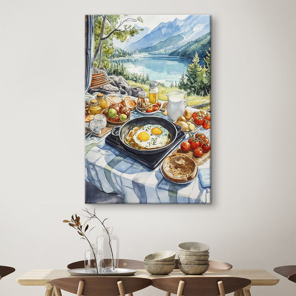 Pan of food and a pan of eggs on a table with a lake in the background Pan of food and a pan of eggs on a table with a lake in the background