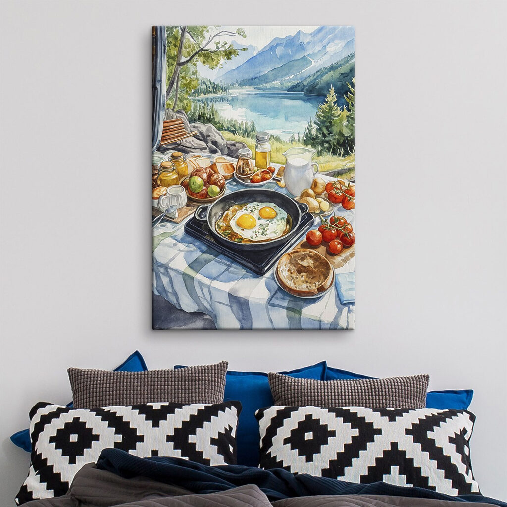 Pan of food and a pan of eggs on a table with a lake in the background Pan of food and a pan of eggs on a table with a lake in the background