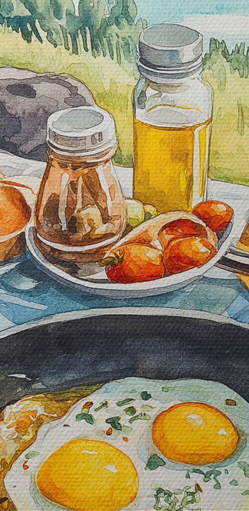 Pan of food and a pan of eggs on a table with a lake in the background Pan of food and a pan of eggs on a table with a lake in the background