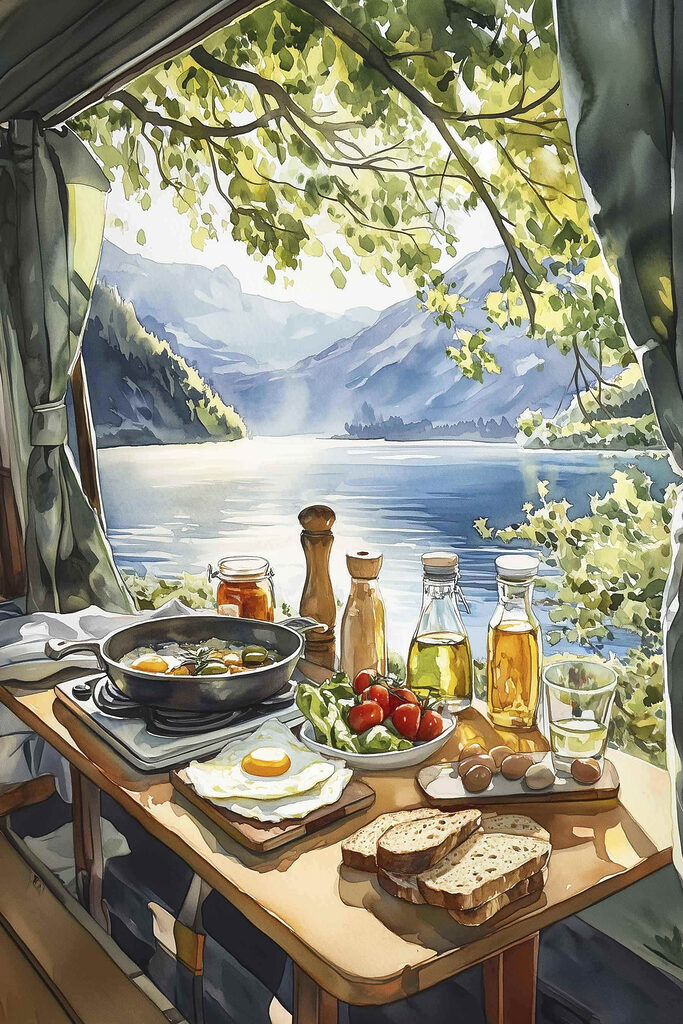 Table with food and drinks on it by a lake Table with food and drinks on it by a lake
