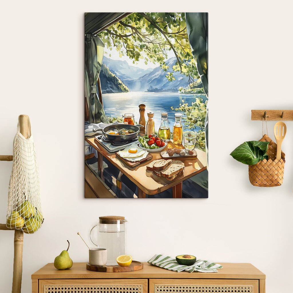 Table with food and drinks on it by a lake Table with food and drinks on it by a lake