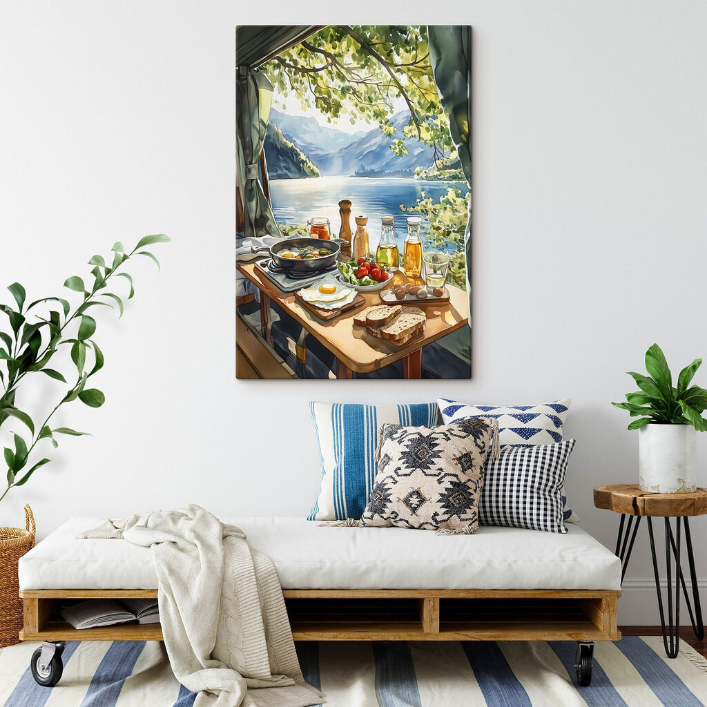 Table with food and drinks on it by a lake Table with food and drinks on it by a lake