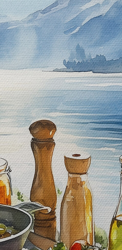 Table with food and drinks on it by a lake Table with food and drinks on it by a lake