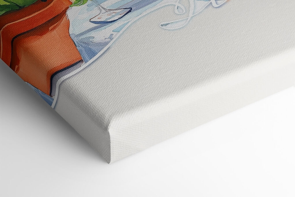 Watercolor painting of a table with drinks and a view of a lake