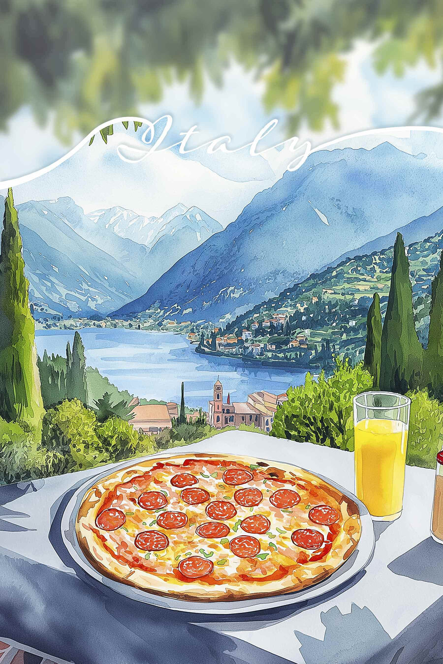 Pizza a džús na stole s horami a stromami Pizza a džús na stole s horami a stromami