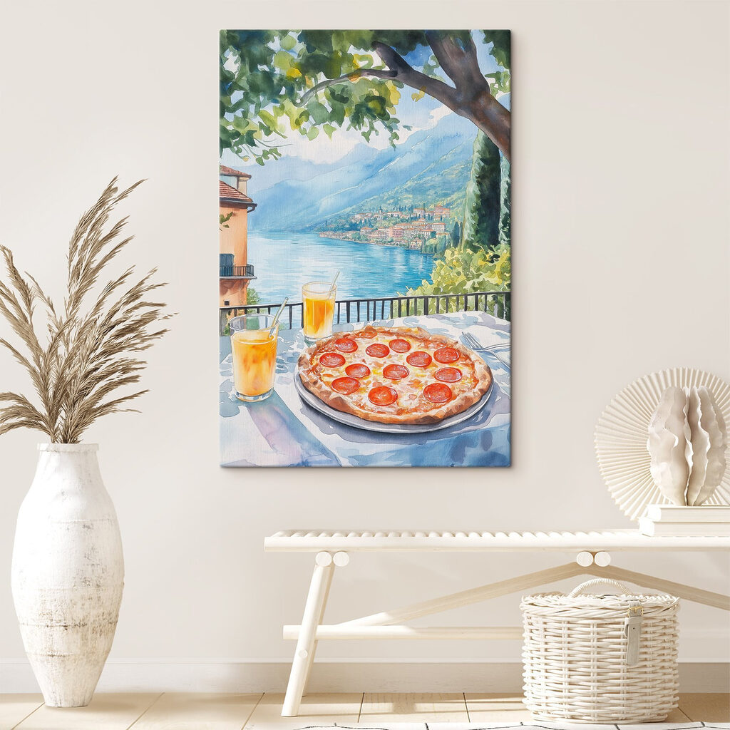 Watercolor painting of a pizza and drinks on a table Watercolor painting of a pizza and drinks on a table