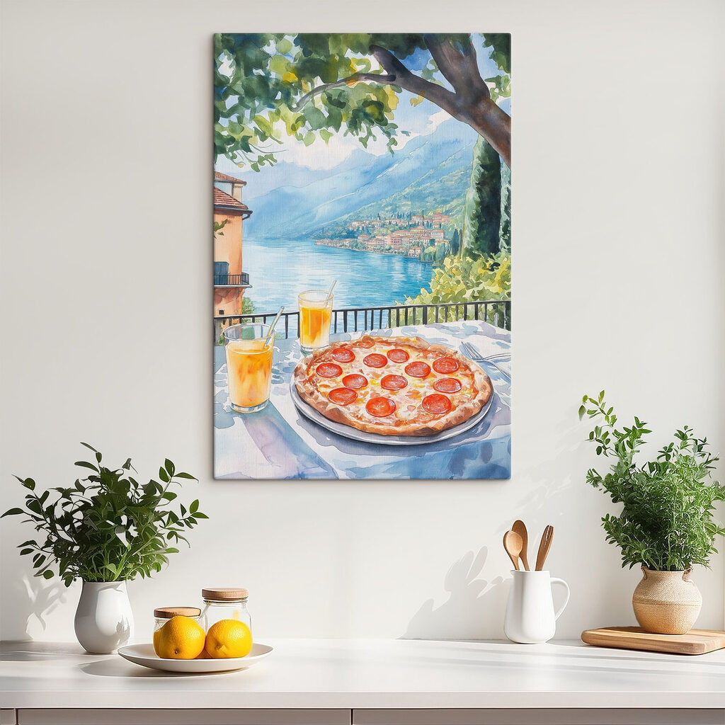 Watercolor painting of a pizza and drinks on a table Watercolor painting of a pizza and drinks on a table