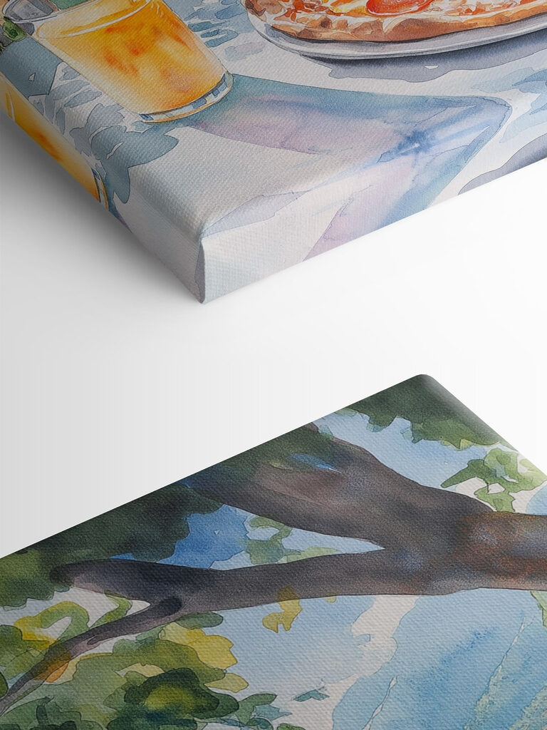 Watercolor painting of a pizza and drinks on a table Watercolor painting of a pizza and drinks on a table