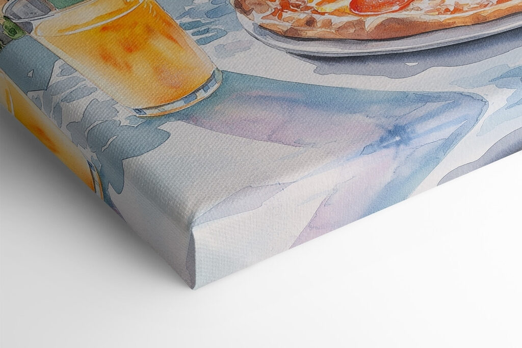 Watercolor painting of a pizza and drinks on a table Watercolor painting of a pizza and drinks on a table
