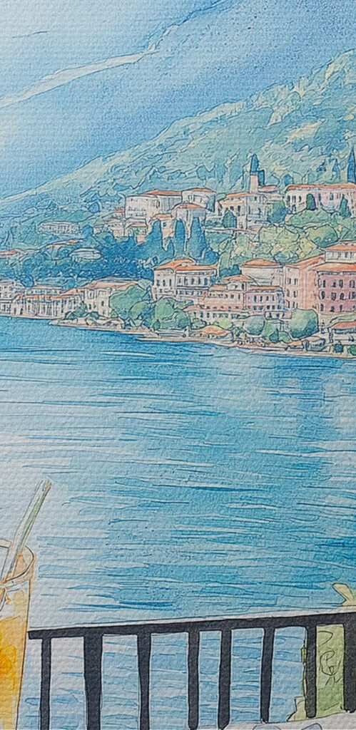 Watercolor painting of a pizza and drinks on a table Watercolor painting of a pizza and drinks on a table