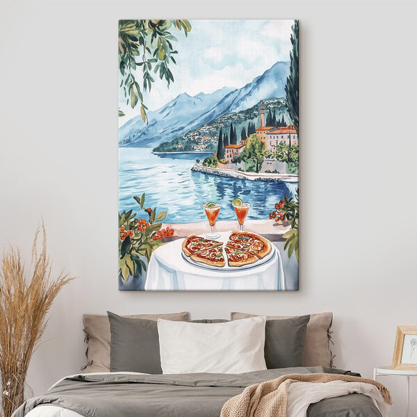 Akvarelová maľba stola s jedlom a jazerom v pozadí Obraz Akvarelová maľba stola s jedlom a jazerom v pozadí