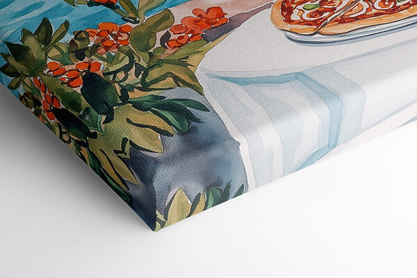 Watercolor painting of a table with food and a lake in the background