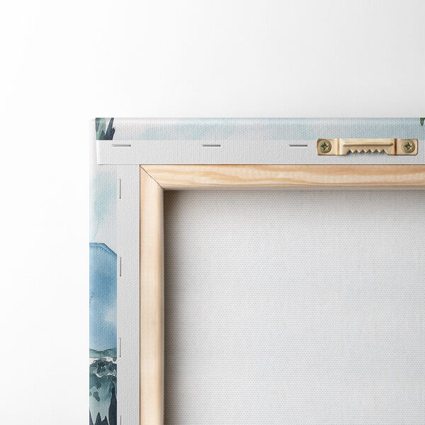 Watercolor painting of a table with food and a lake in the background