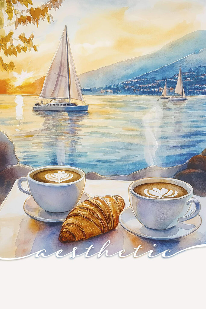 Two cups of coffee and croissant on a table with a sailboat in the background