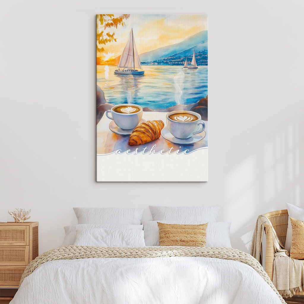 Two cups of coffee and croissant on a table with a sailboat in the background