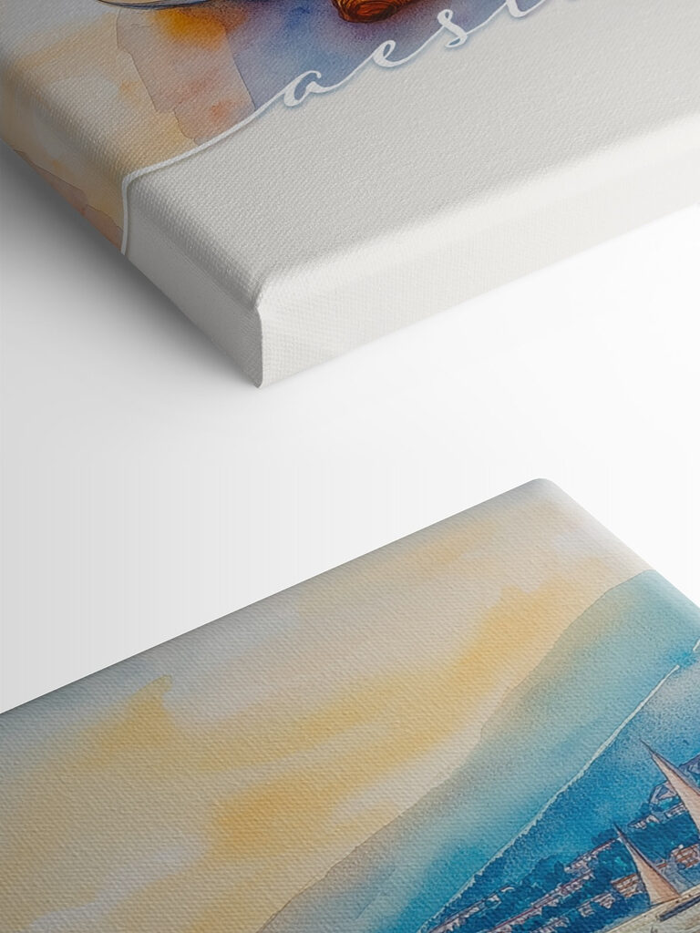 Two cups of coffee and croissant on a table with a sailboat in the background