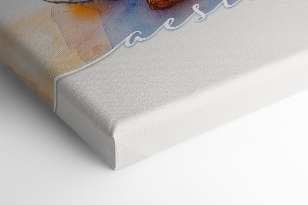 Two cups of coffee and croissant on a table with a sailboat in the background