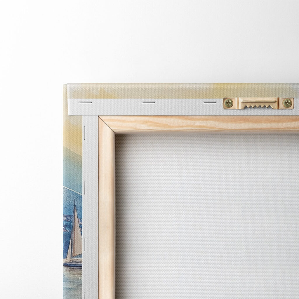 Two cups of coffee and croissant on a table with a sailboat in the background