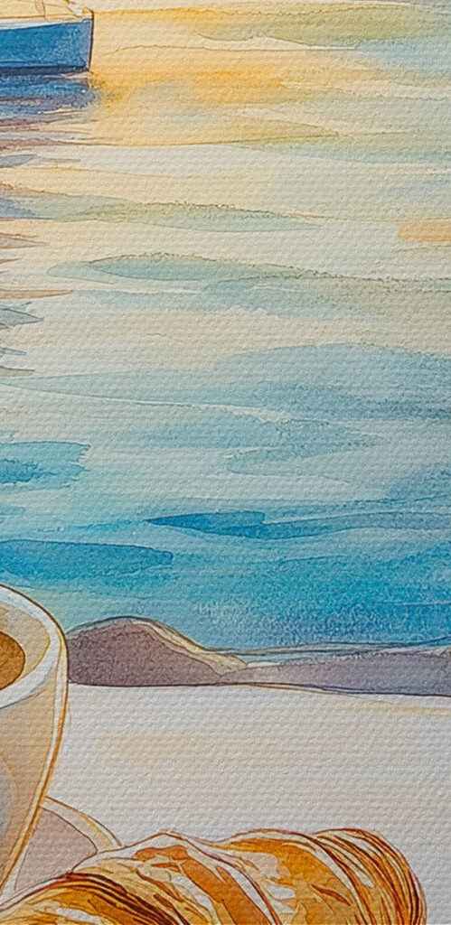 Two cups of coffee and croissant on a table with a sailboat in the background