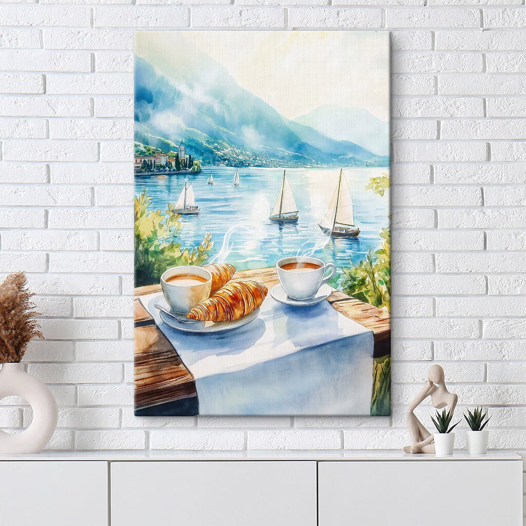 Watercolor painting of a table with coffee and croissants on it Watercolor painting of a table with coffee and croissants on it